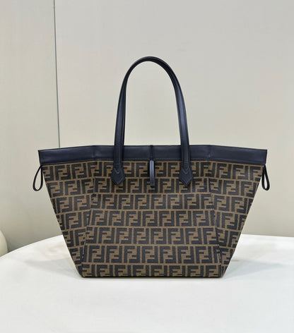 FENDI ORIGAMI LARGE 33 BROWN MIX BLACK FF JACQUARD FABRIC BAG