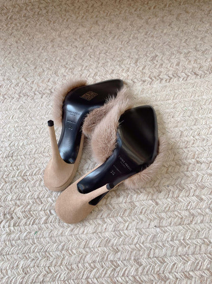 LA 16 HEELED MULES IN BEIGE RABBIT FUR AND SMOOTH LAMBSKIN