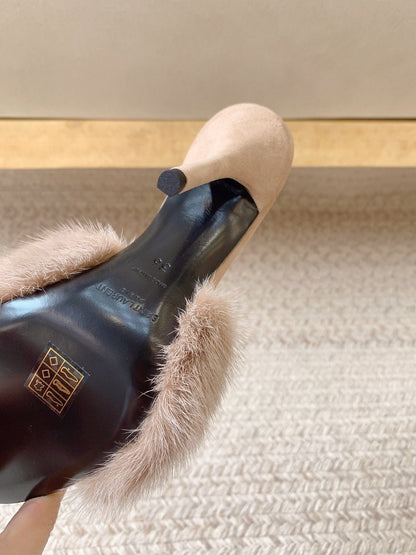 LA 16 HEELED MULES IN BEIGE RABBIT FUR AND SMOOTH LAMBSKIN