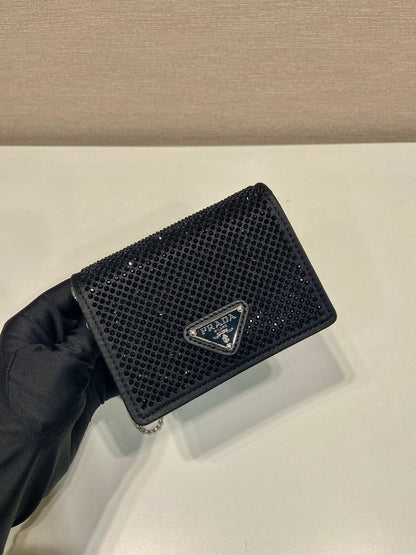 MINI FLAP BAG 11 IN BLACK DUCHESSE FABRIC ATTACHED FULL CRYSTALS SILVER CHAIN