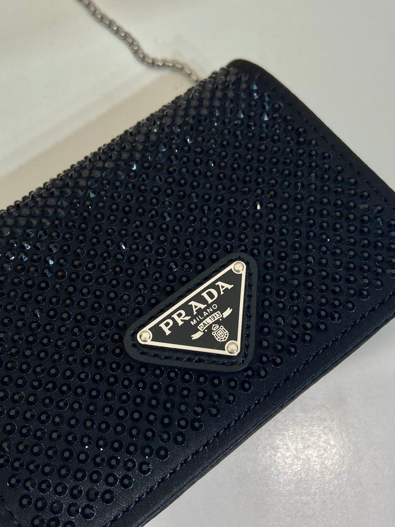 MINI FLAP BAG 11 IN BLACK DUCHESSE FABRIC ATTACHED FULL CRYSTALS SILVER CHAIN