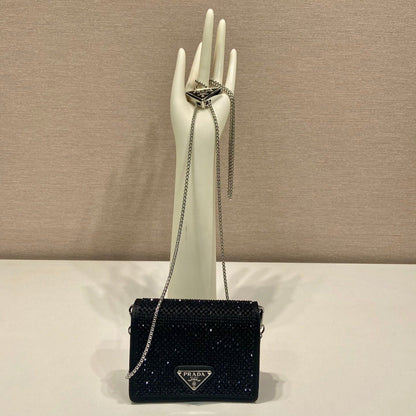 MINI FLAP BAG 11 IN BLACK DUCHESSE FABRIC ATTACHED FULL CRYSTALS SILVER CHAIN