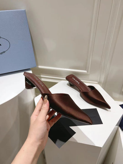 PRA POINTED-TOE MULES CHOCOLATE SATIN