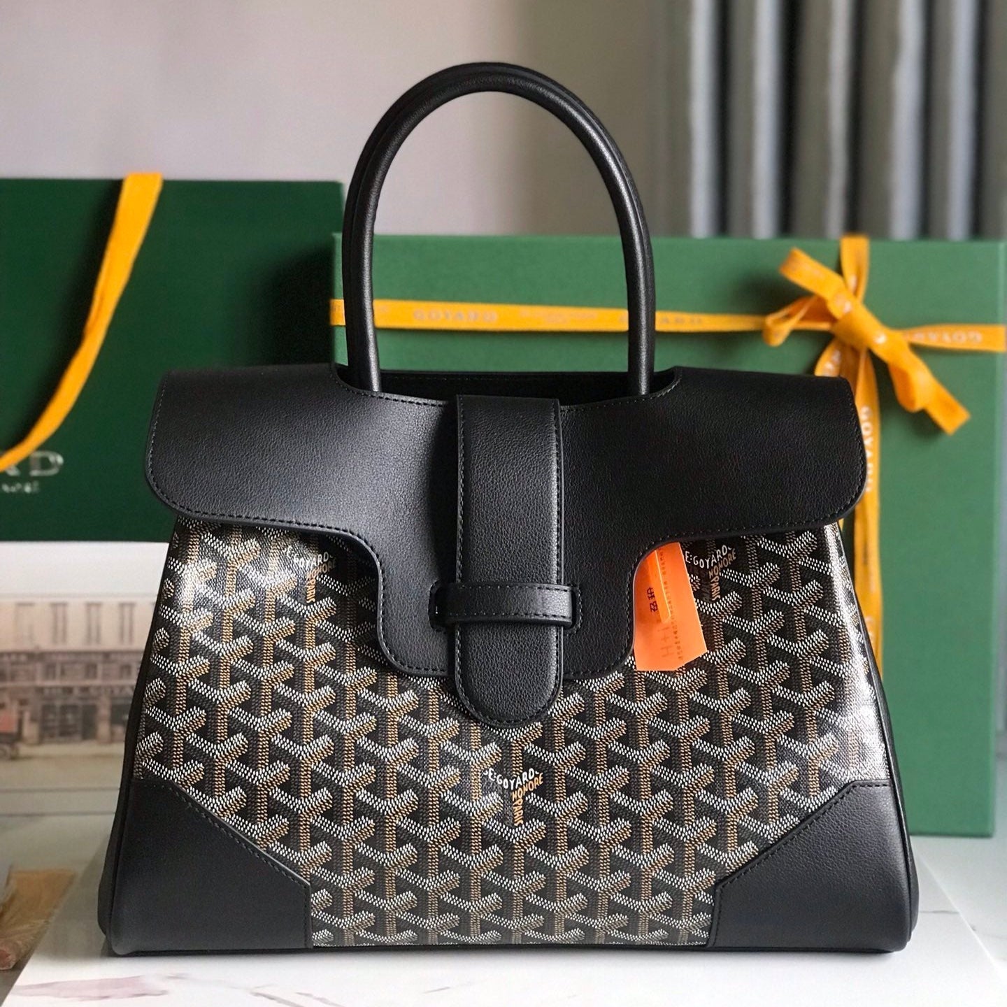 SAIGON SOUPLE BAG 34 IN BLACK GOYARDINE CANVAS AND CALFSKIN