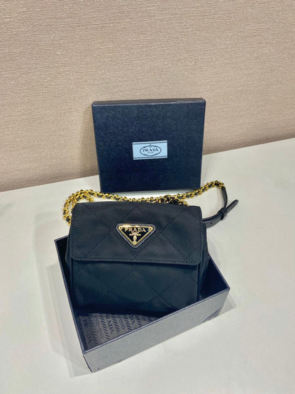 MINI QUILTED FLAP BAG 14 IN BLACK RE-NYLON FABRIC GOLD CHAIN