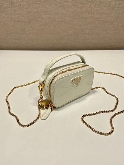 MINI HAND BAG 11 WITH GOLD STRAP IN WHITE PATENT CALFSKIN