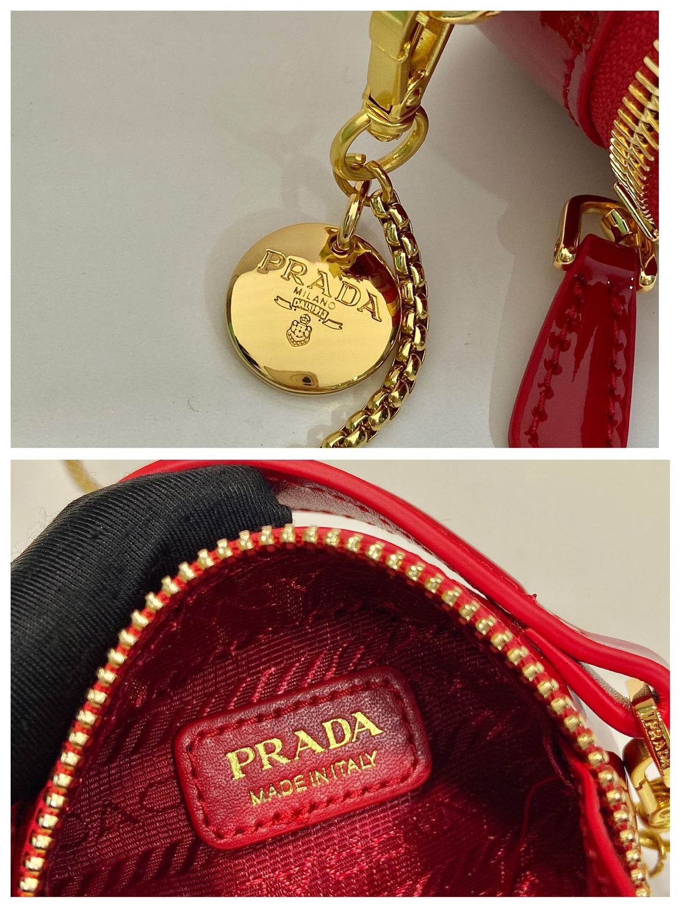MINI ROUND BAG 8 IN RED GLOSSY CALFSKIN GOLD HARDWARE