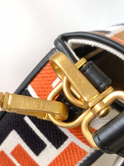 Fend Baguette Black White Brown Orange Canvas Bag 27 with FF Embroidery Ghw