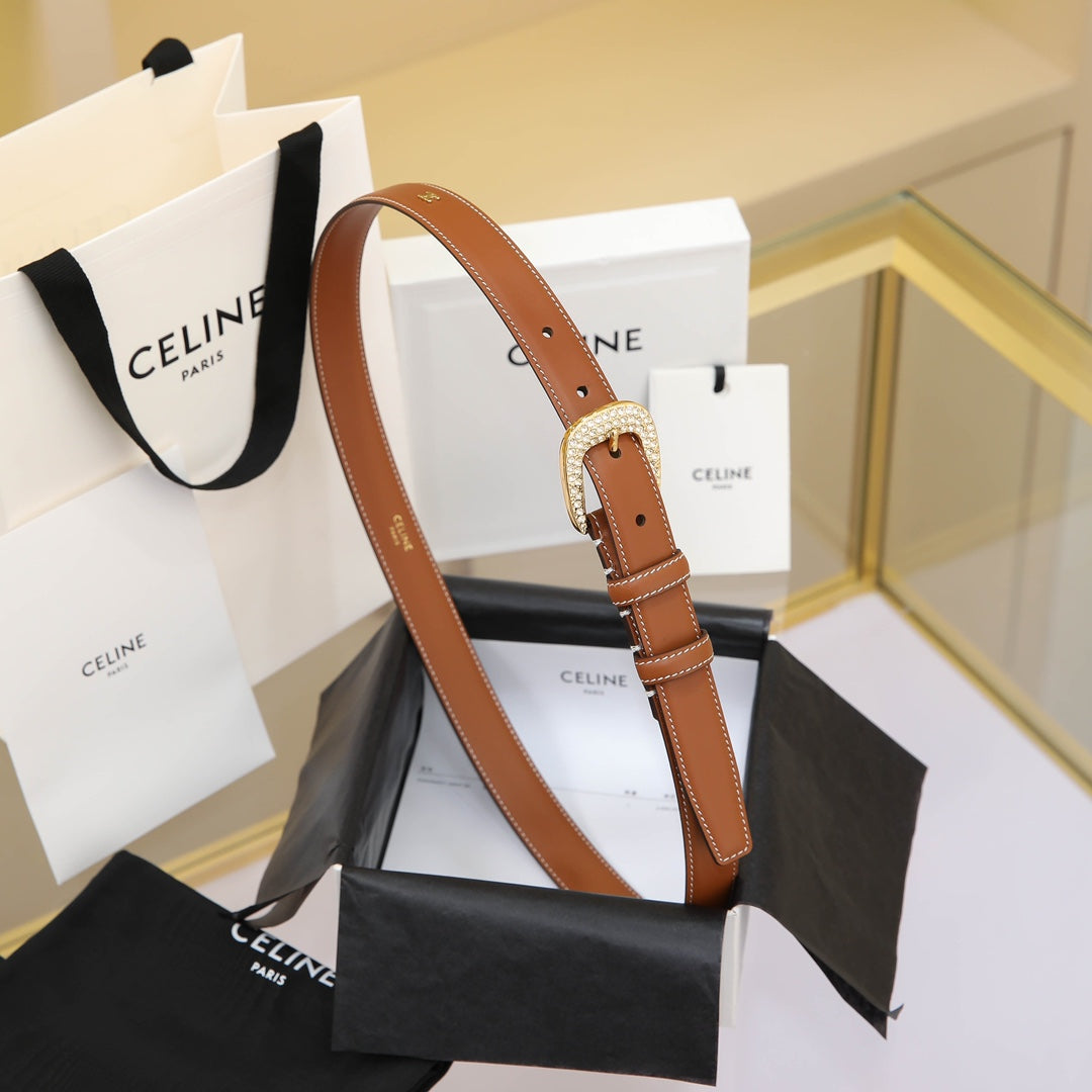 CL MEDIUM 25 MM MARCO BELT WITH STRASS IN BRONZE BROWN CALFSKIN GOLD HARDWARE