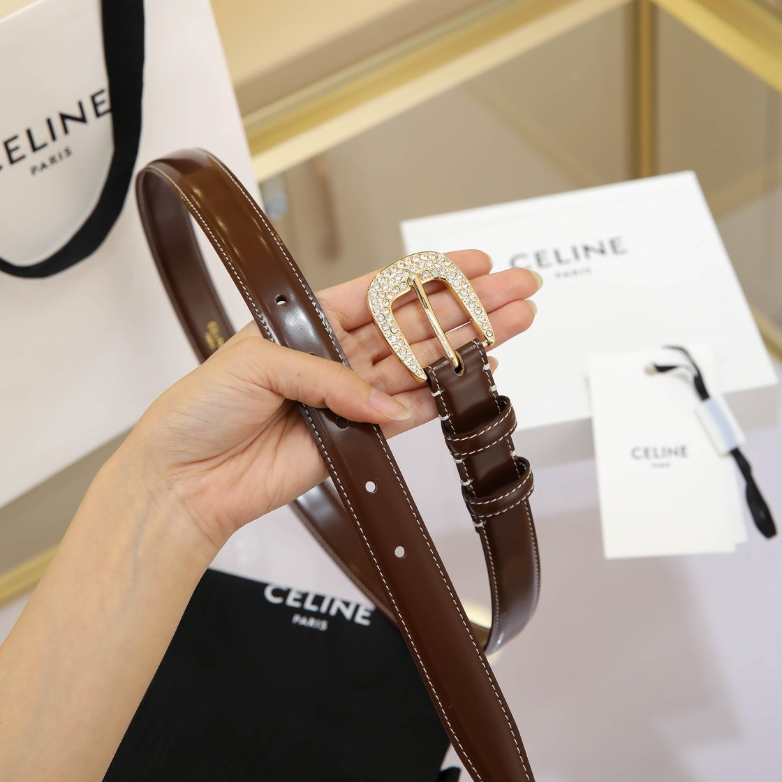 CL MEDIUM 25 MM MARCO BELT WITH STRASS IN CHOCOLATE BROWN CALFSKIN GOLD HARDWARE