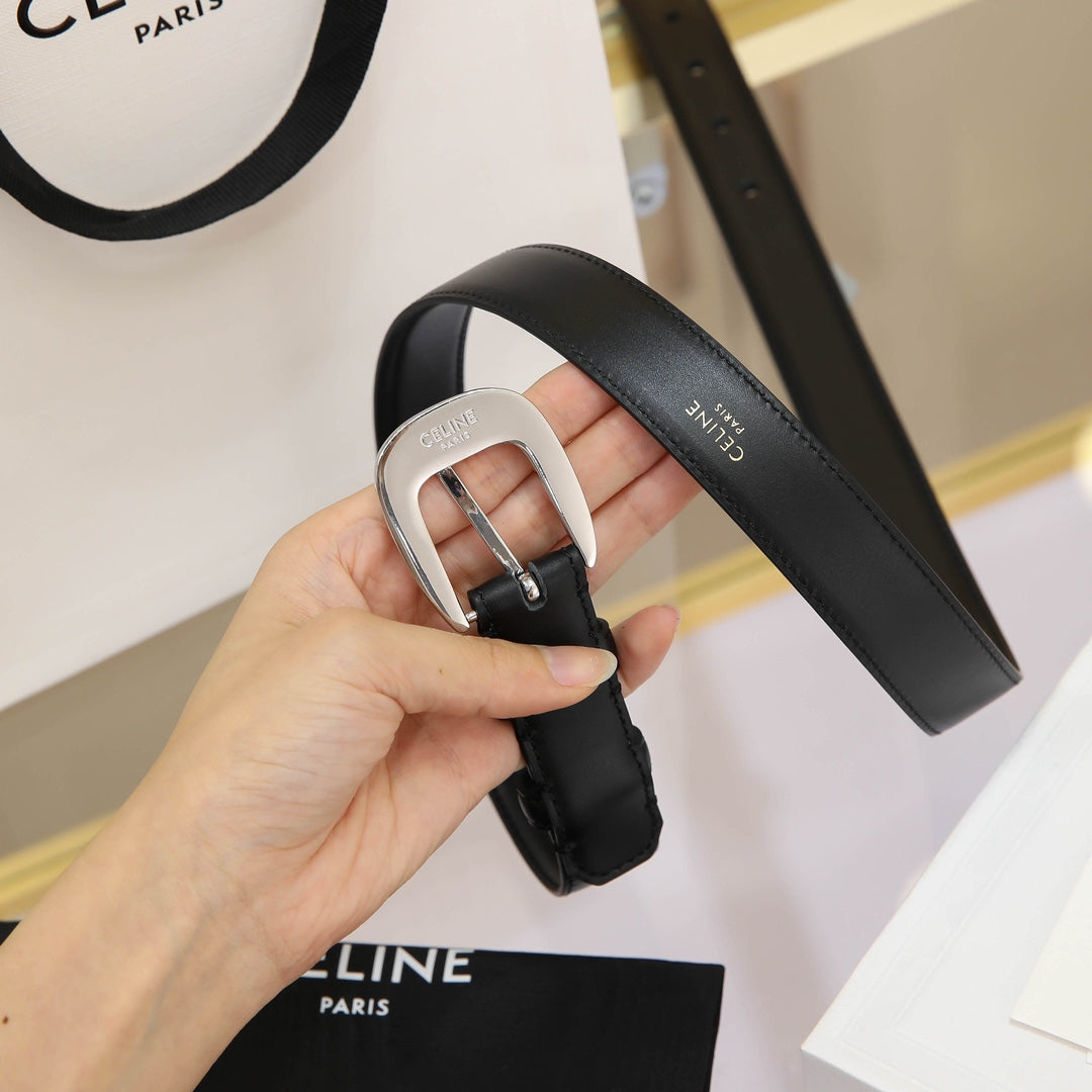 CL MEDIUM 25 MM MARCO BELT WITH STRASS IN BLACK CALFSKIN SILVER HARDWARE