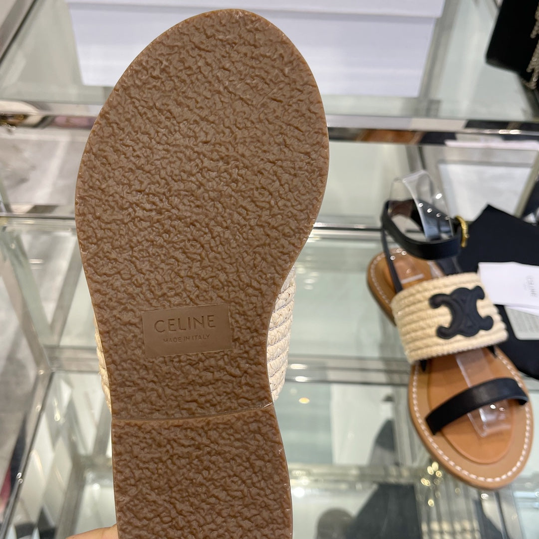 LYMPIAR FLAT STRAP SANDAL IN RAFFIA CALFSKIN BLACK BEIGE