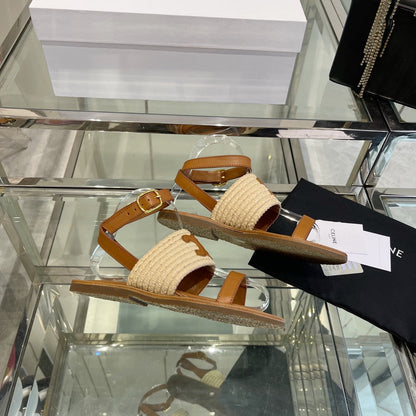 LYMPIAR FLAT STRAP SANDAL IN RAFFIA CALFSKIN WHITE CARAMEL BROWN