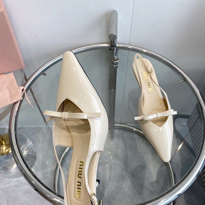 HIGH-SLINGBACK POINTED TOE SANDALS BEIGE COWHIDE WITH BOW