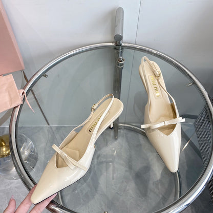 HIGH-SLINGBACK POINTED TOE SANDALS BEIGE COWHIDE WITH BOW