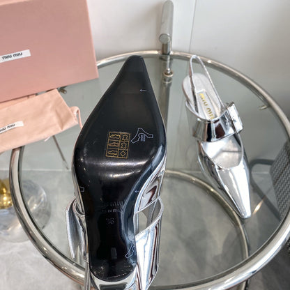 HIGH-SLINGBACK POINTED TOE SANDALS SILVER COWHIDE