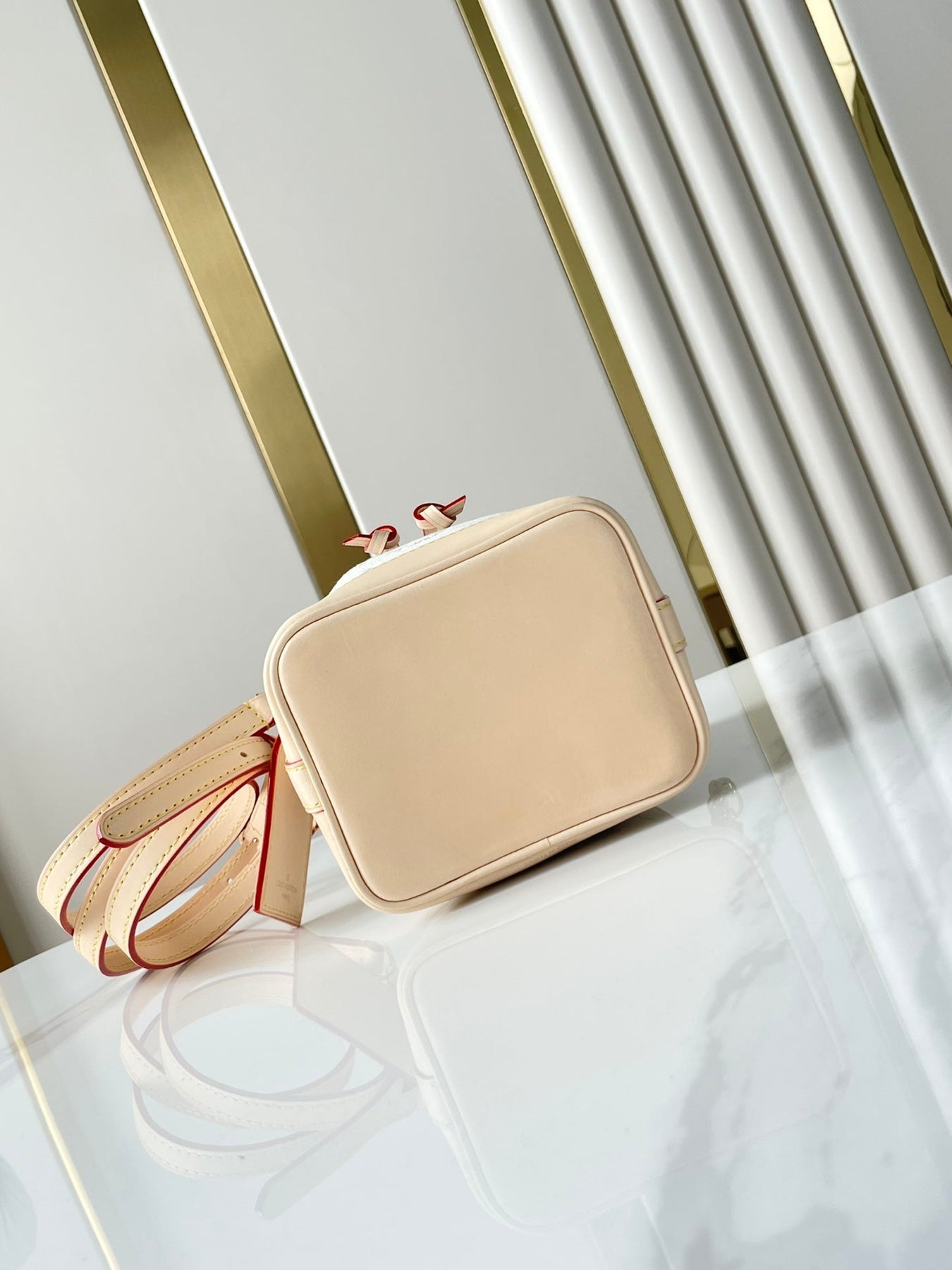 NANO NOÉ 16 IN WHITE MONOGRAM JACQUARD FABRIC AND BEIGE CALFSKIN TRIM