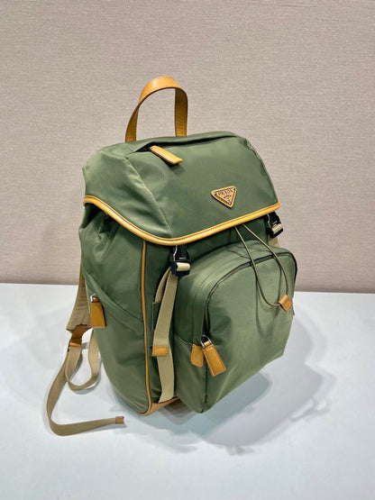 BACKPACK 45 IN SEAWEED GREEN RE-NYLON AND BROWN CALFSKIN TRIM