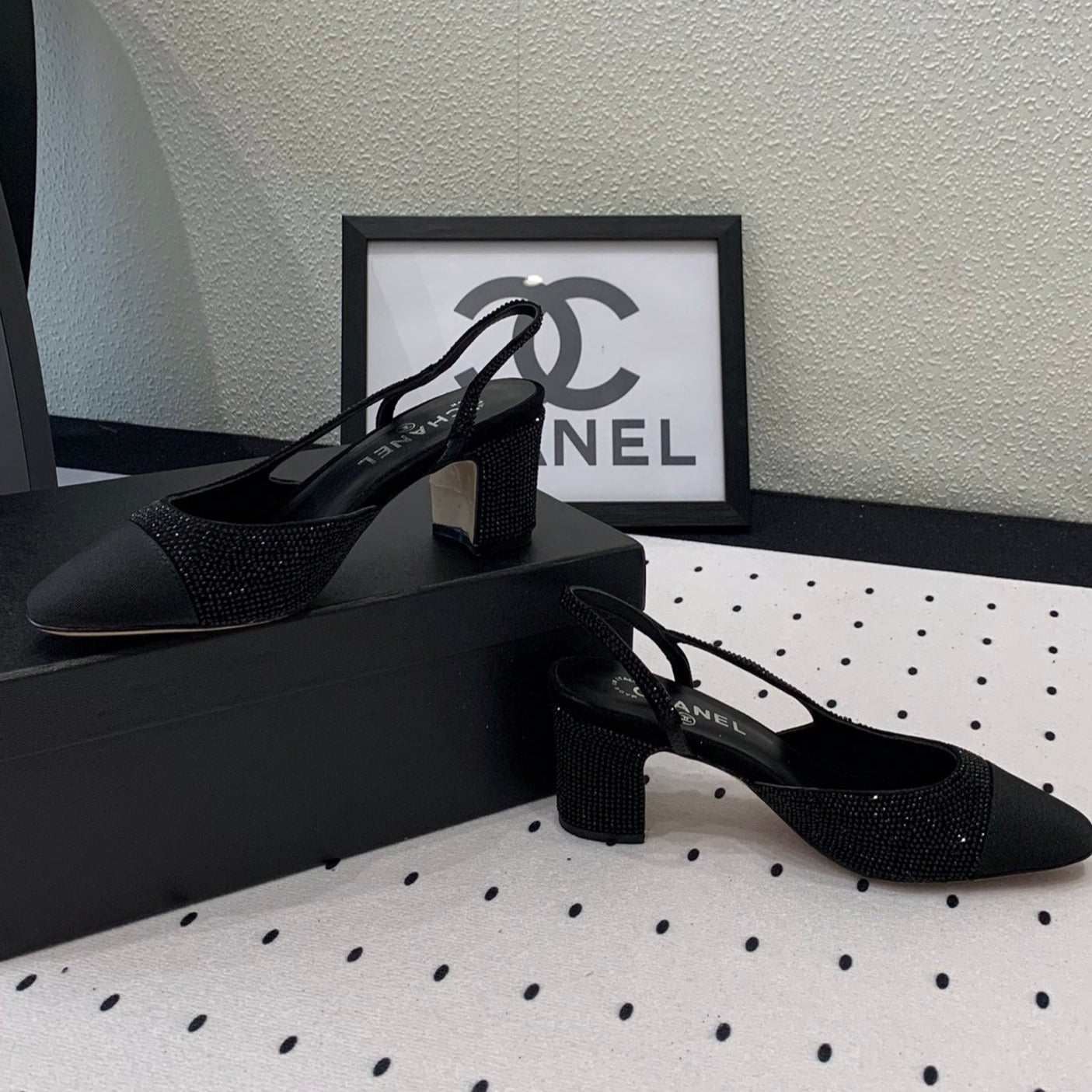 Double CC Rhinestone Slingback Sheepskin Black