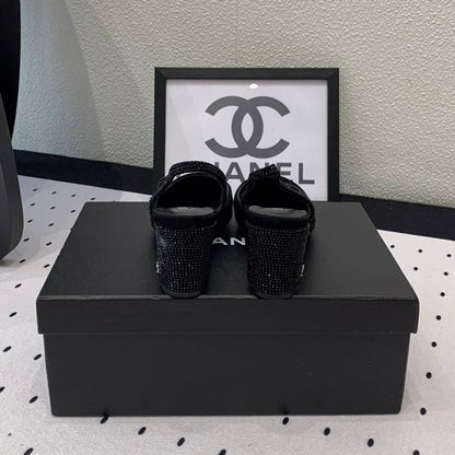 Double CC Rhinestone Slingback Sheepskin Black