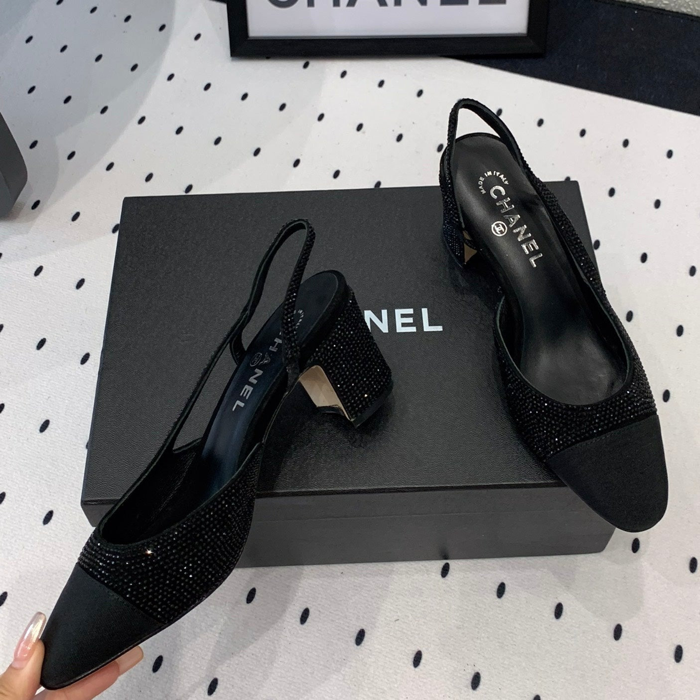 Double CC Rhinestone Slingback Sheepskin Black