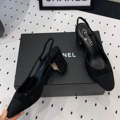 Double CC Rhinestone Slingback Sheepskin Black