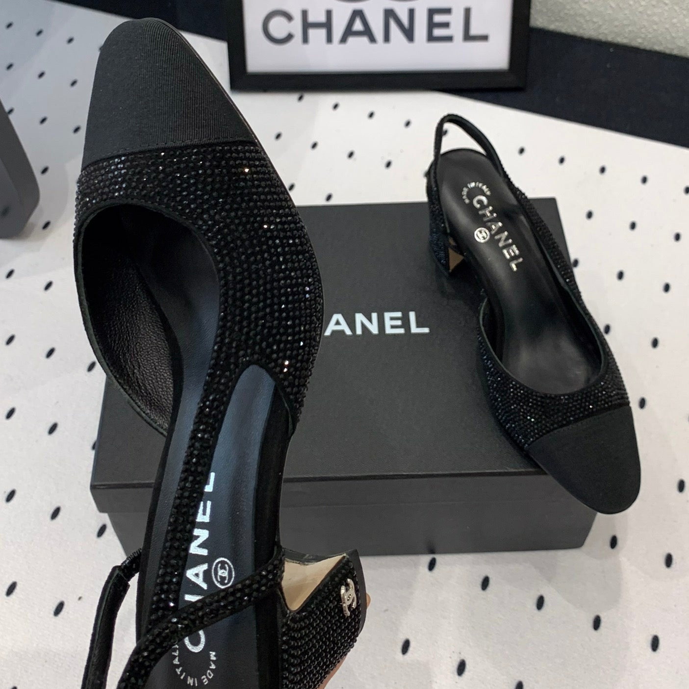 Double CC Rhinestone Slingback Sheepskin Black