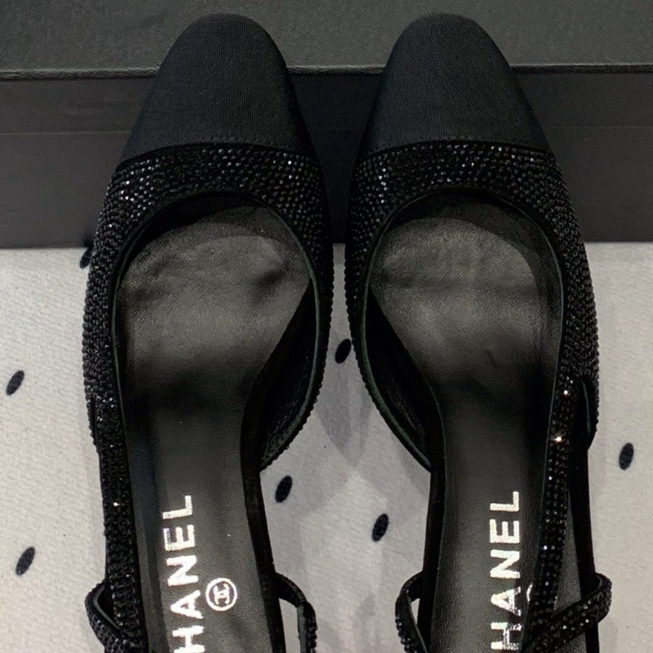 Double CC Rhinestone Slingback Sheepskin Black