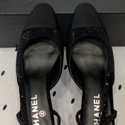 Double CC Rhinestone Slingback Sheepskin Black