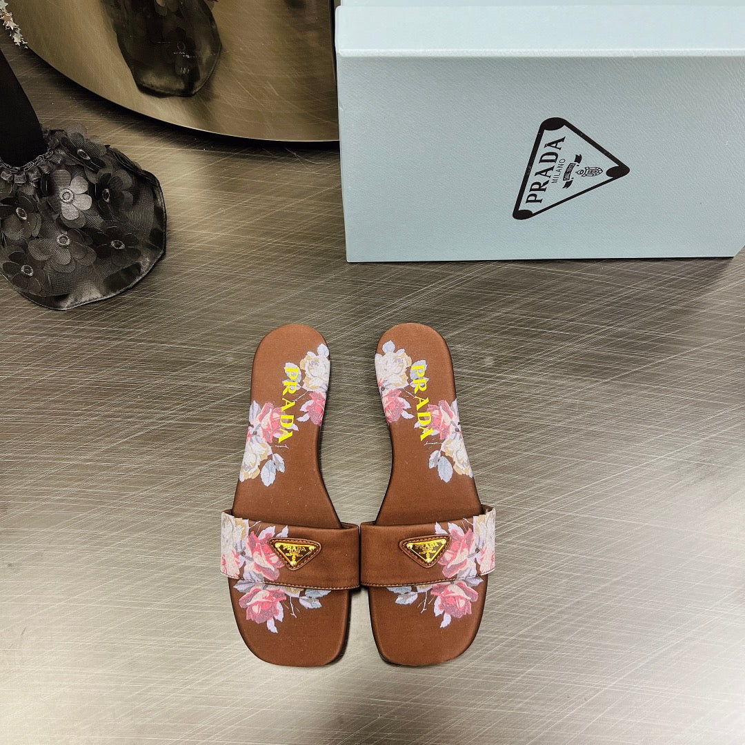 PRA PRINTED SLIDES SLIPPERS CINNAMON SATIN