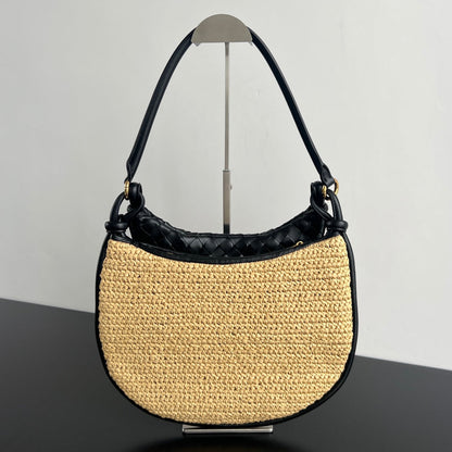 GEMELLI SHOULDER BAG 36 IN BEIGE RAFFIA AND BLACK LAMBSKIN