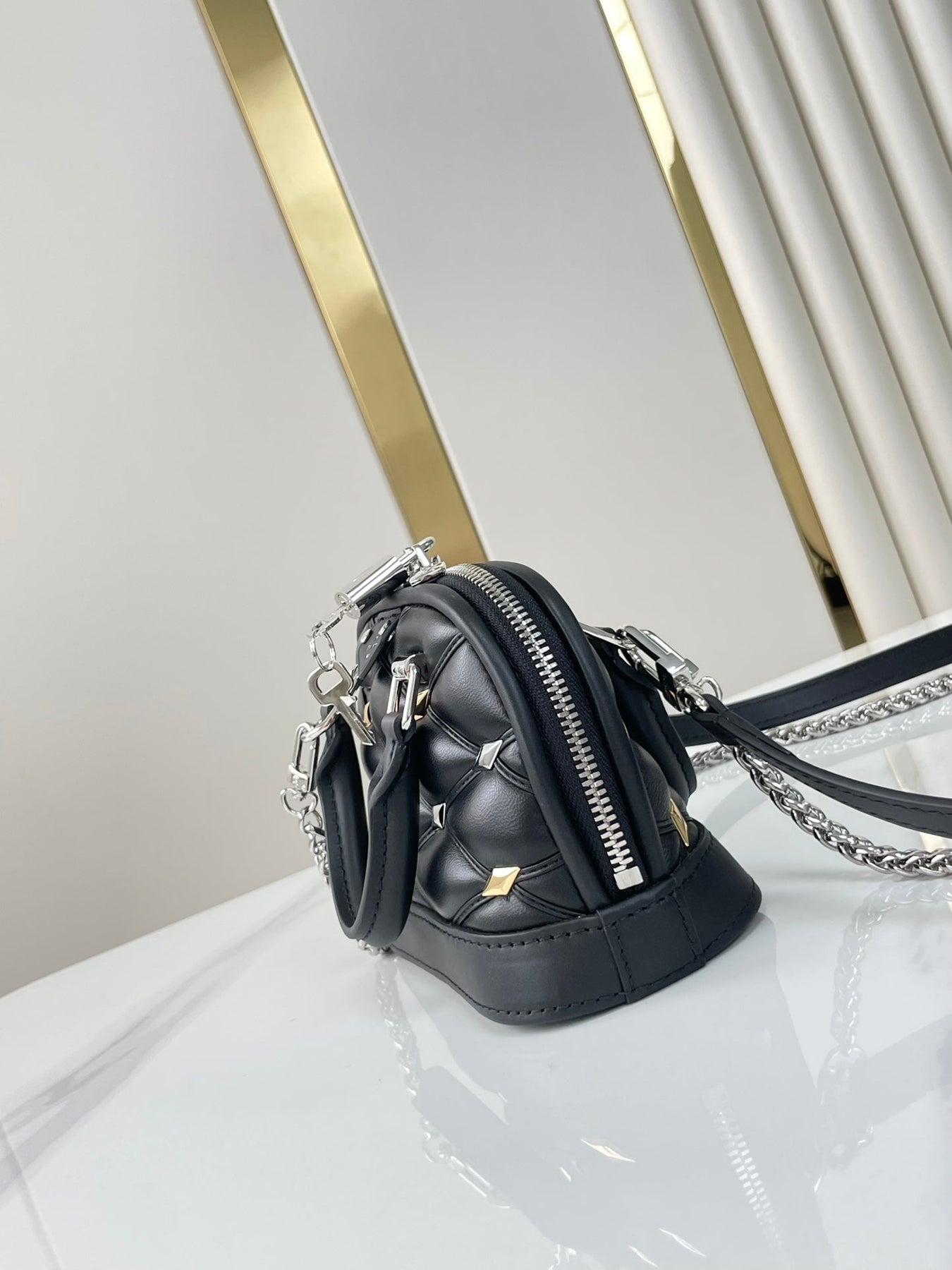 NANO ALMA 18 IN BLACK QUILTED LAMBSKIN GOLD AND SILVER HARDWARE