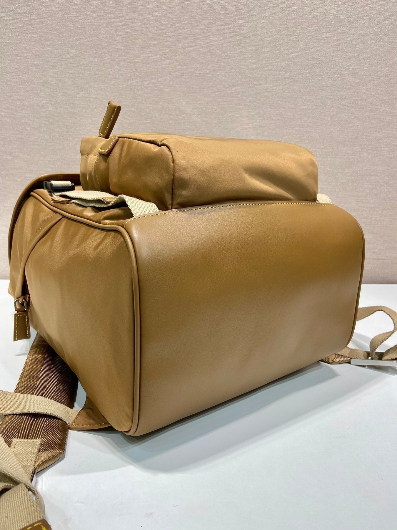 BACKPACK 45 IN CIDER BROWN RE-NYLON AND CALFSKIN TRIM