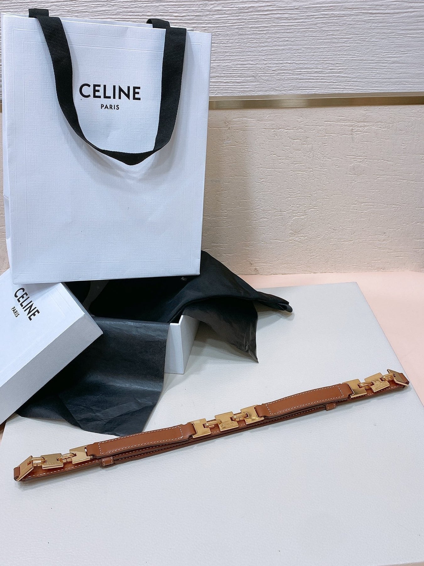 CL SMALL 18 MM SQUARE ADJUSTABLE BELT IN BRONZE BROWN LEATHER GOLD HARDWARE