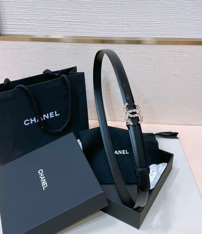 CC BELT 20MM IN BLACK CALFSKIN GOLD HARDWARE ATTACH PEARLS