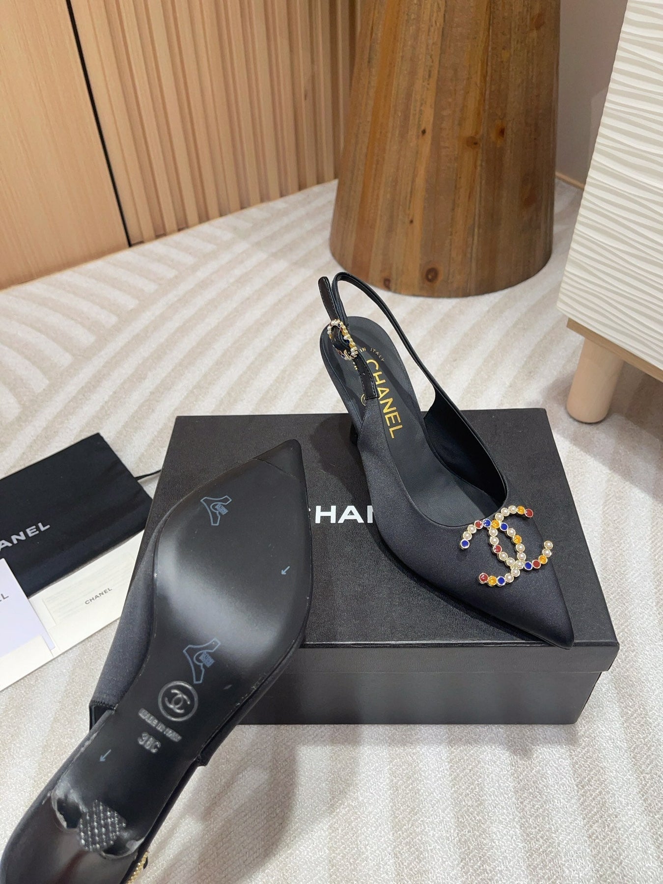 CC HIGH SLINGBACKS BLACK SATIN AND LAMBSKIN