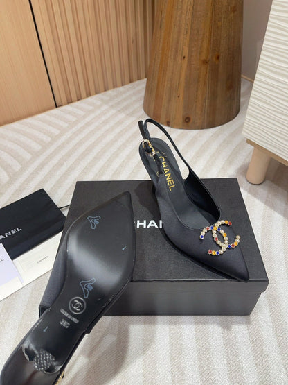 CC HIGH SLINGBACKS BLACK SATIN AND LAMBSKIN