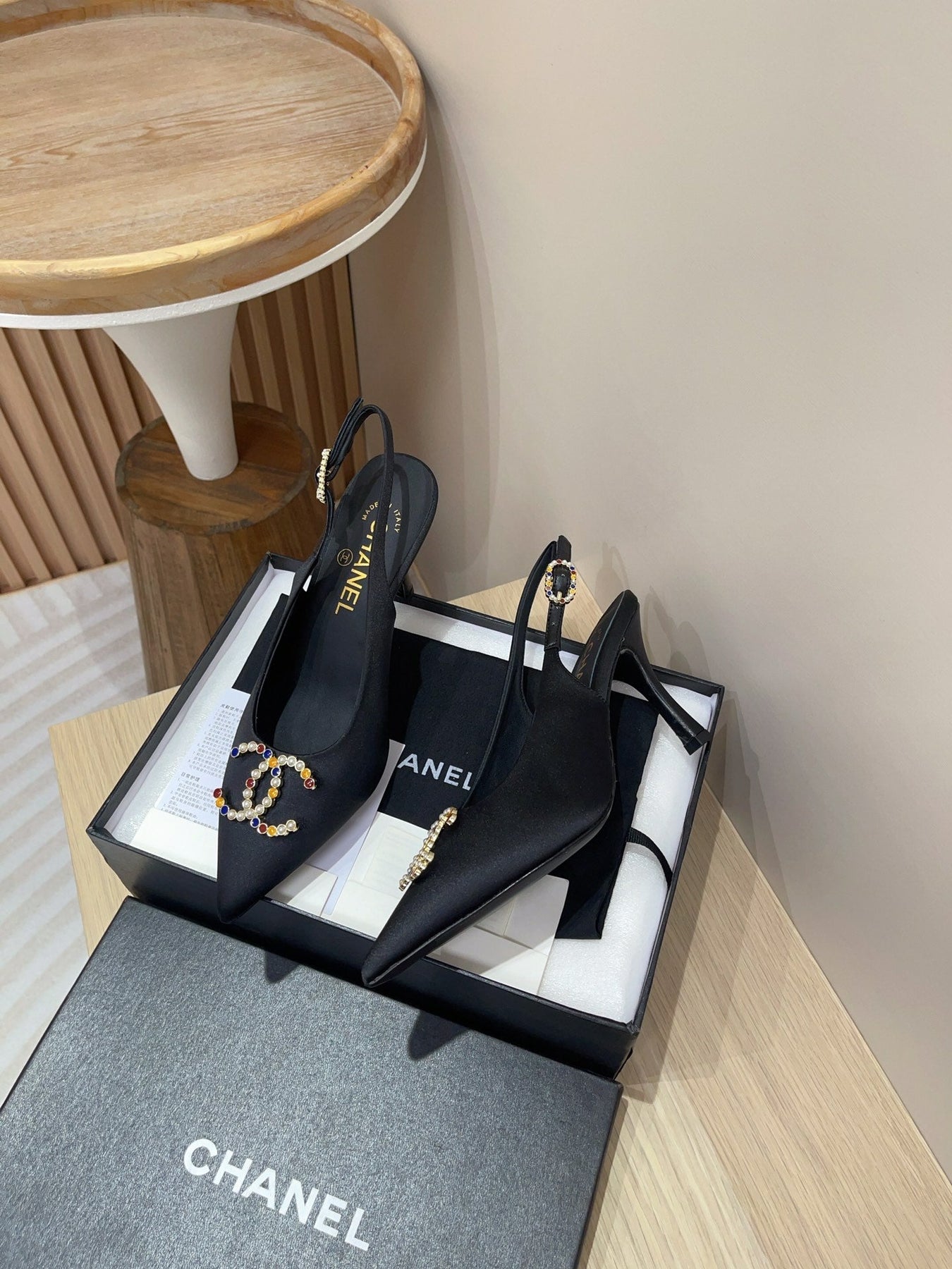 CC HIGH SLINGBACKS BLACK SATIN AND LAMBSKIN