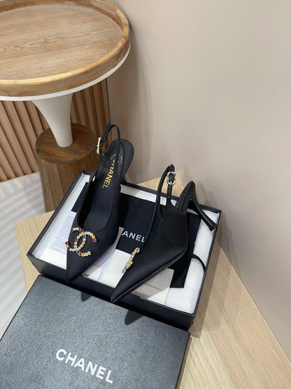 CC HIGH SLINGBACKS BLACK SATIN AND LAMBSKIN