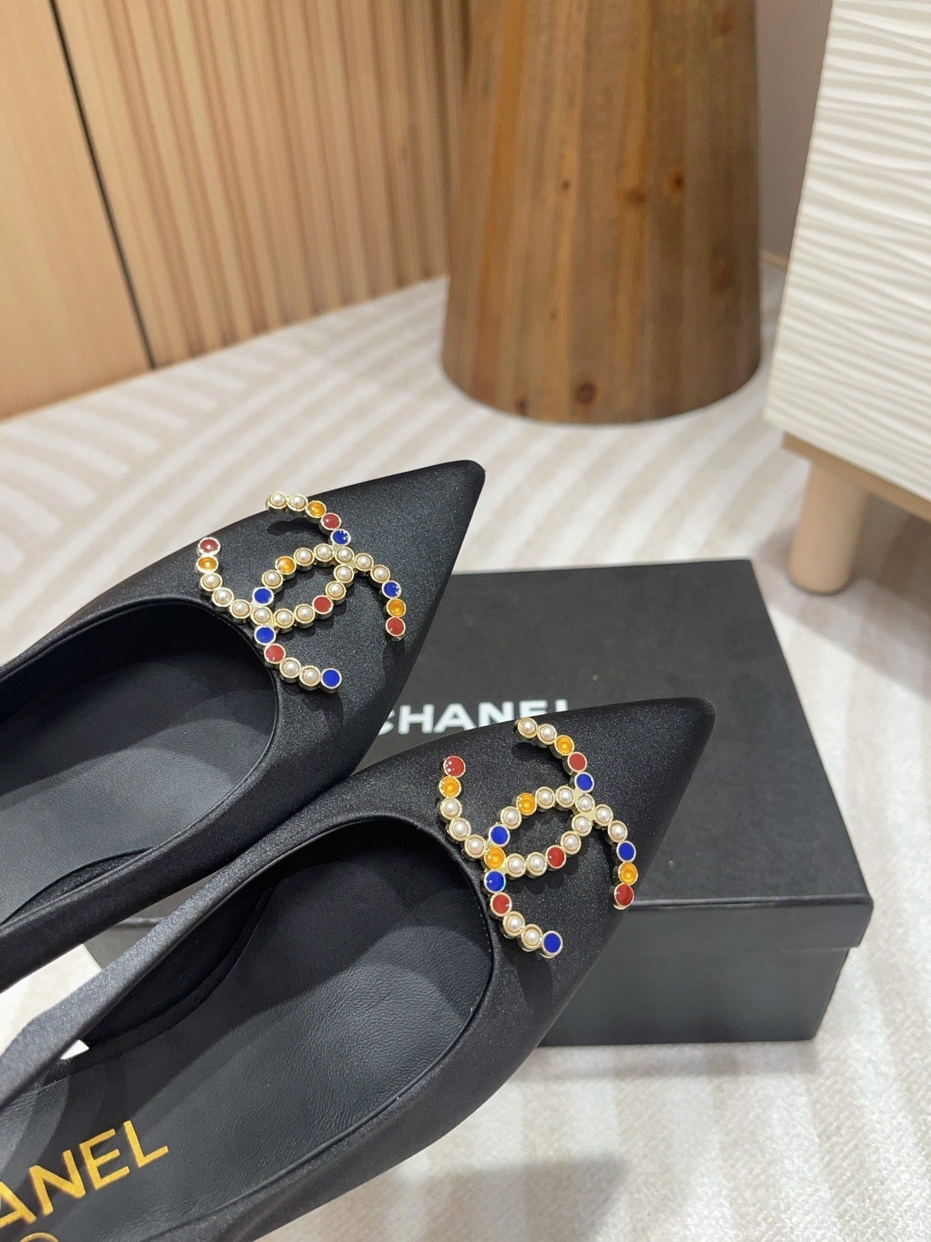 CC HIGH SLINGBACKS BLACK SATIN AND LAMBSKIN