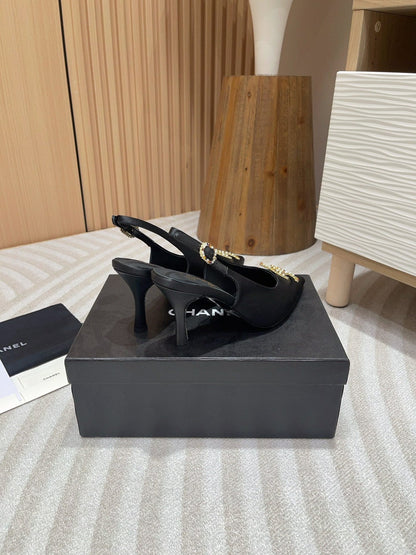 CC HIGH SLINGBACKS BLACK SATIN AND LAMBSKIN