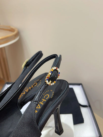 CC HIGH SLINGBACKS BLACK SATIN AND LAMBSKIN