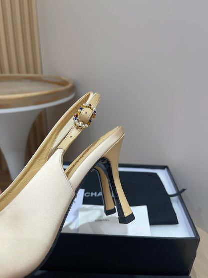 CC HIGH SLINGBACKS BEIGE CREAM SATIN AND LAMBSKIN