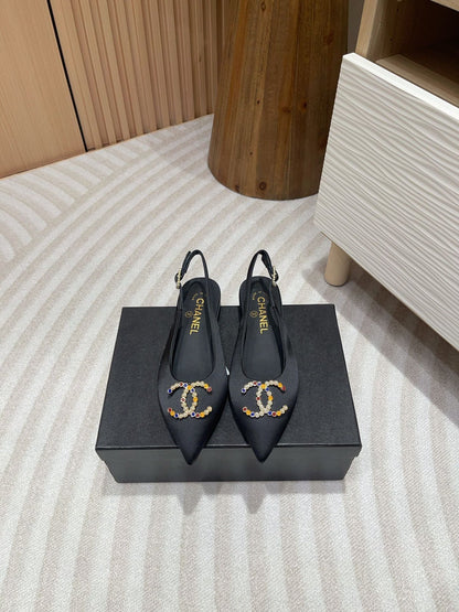 CC SLINGBACKS BLACK SATIN AND LAMBSKIN