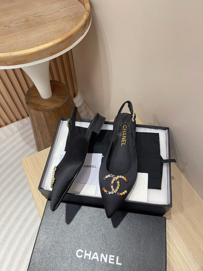 CC SLINGBACKS BLACK SATIN AND LAMBSKIN