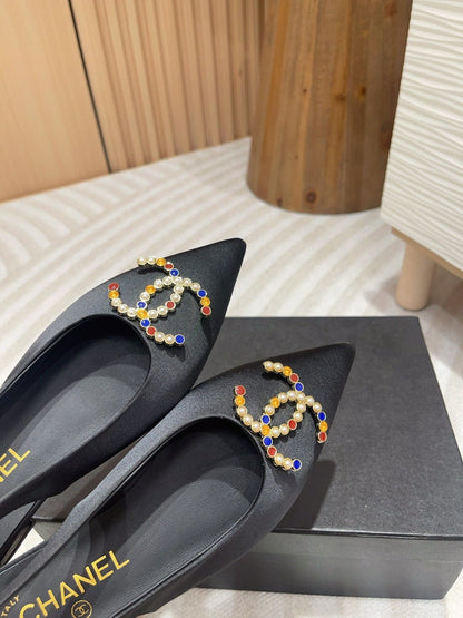 CC SLINGBACKS BLACK SATIN AND LAMBSKIN