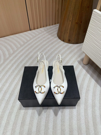 CC SLINGBACKS WHITE SATIN AND LAMBSKIN