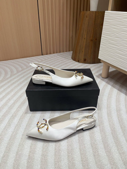 CC SLINGBACKS WHITE SATIN AND LAMBSKIN