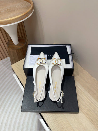 CC SLINGBACKS WHITE SATIN AND LAMBSKIN