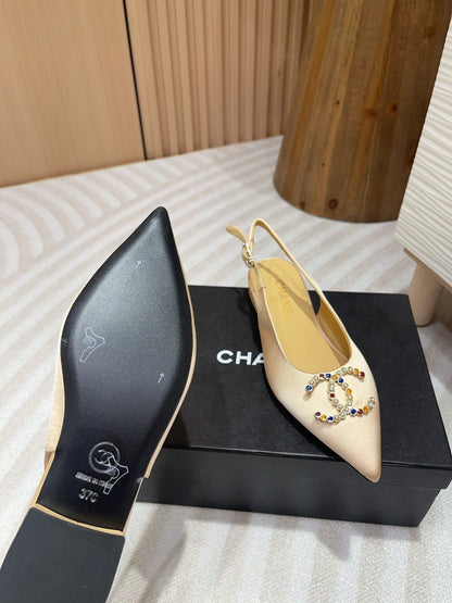 CC SLINGBACKS BEIGE CREAM SATIN AND LAMBSKIN